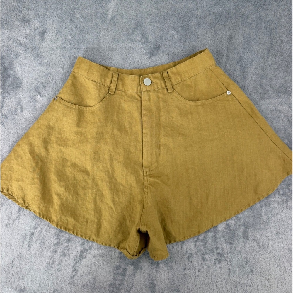 Olivaceous High-Rise Linen-Blend Flare Wide-Leg Shorts Yellow Gold Flowy S